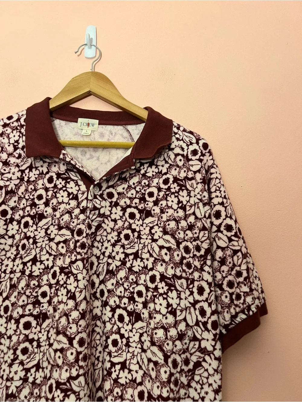 J.Crew Maroon Floral Terrycloth Polo Shirt Large